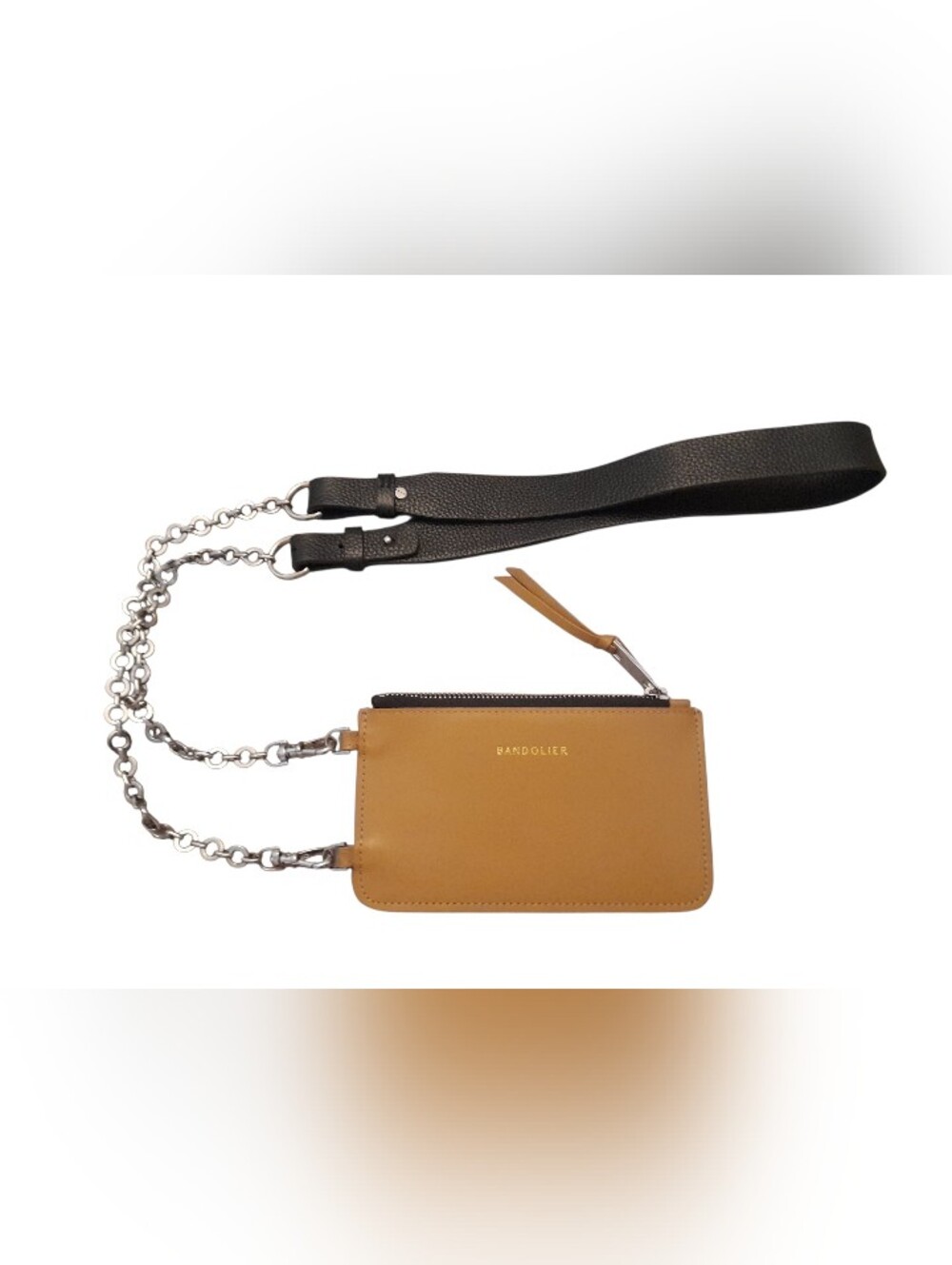 Bandolier Flat Tan Leather Crossbody zip Pouch with Black Strap